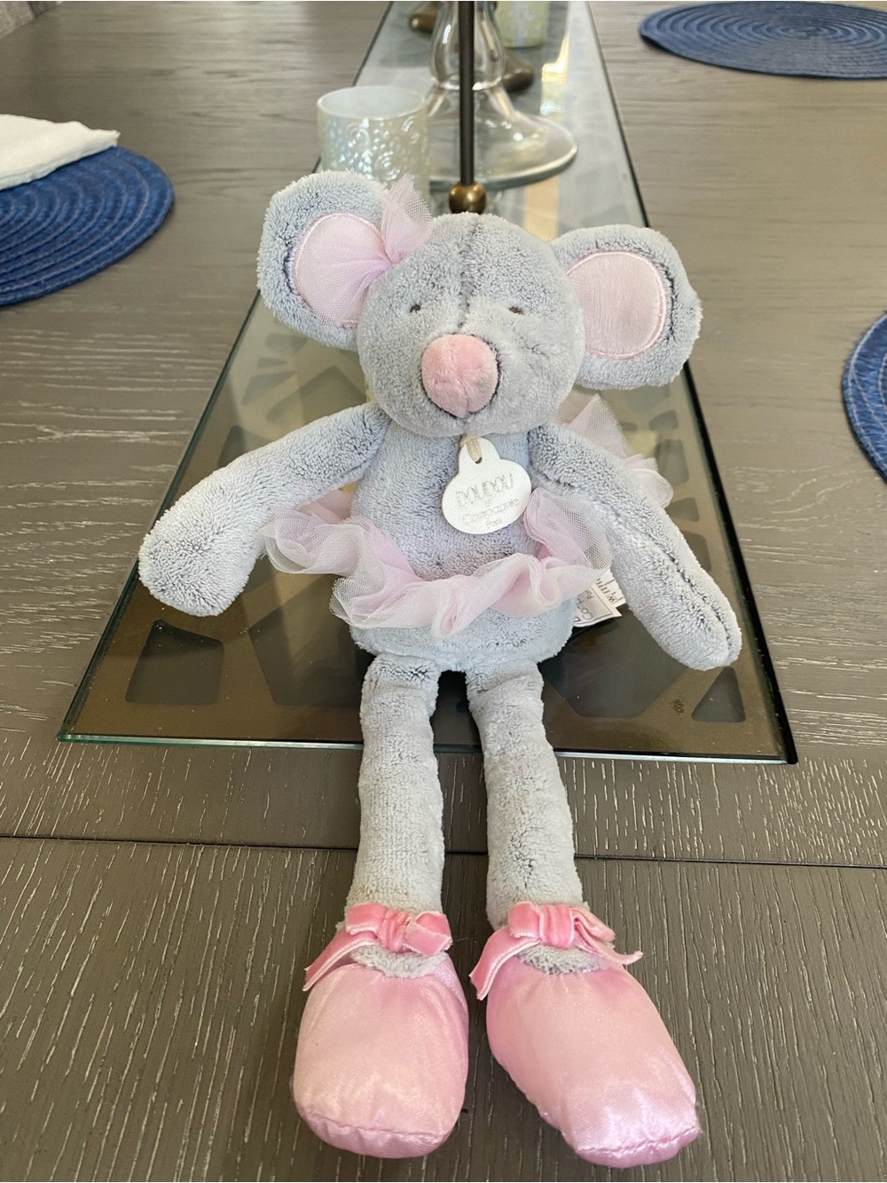 Doudou et Compagnie Mouse Ballerina Gray Pink Sewn Eyes Satin Trim